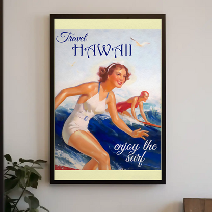 Hawaii Vintage Women Surfing Ocean Retro Travel Poster