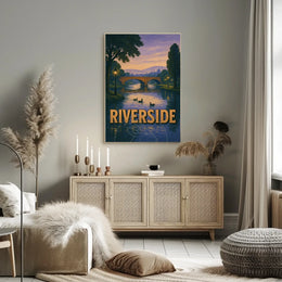 Serene Riverside Scene at Dusk Travel Poster