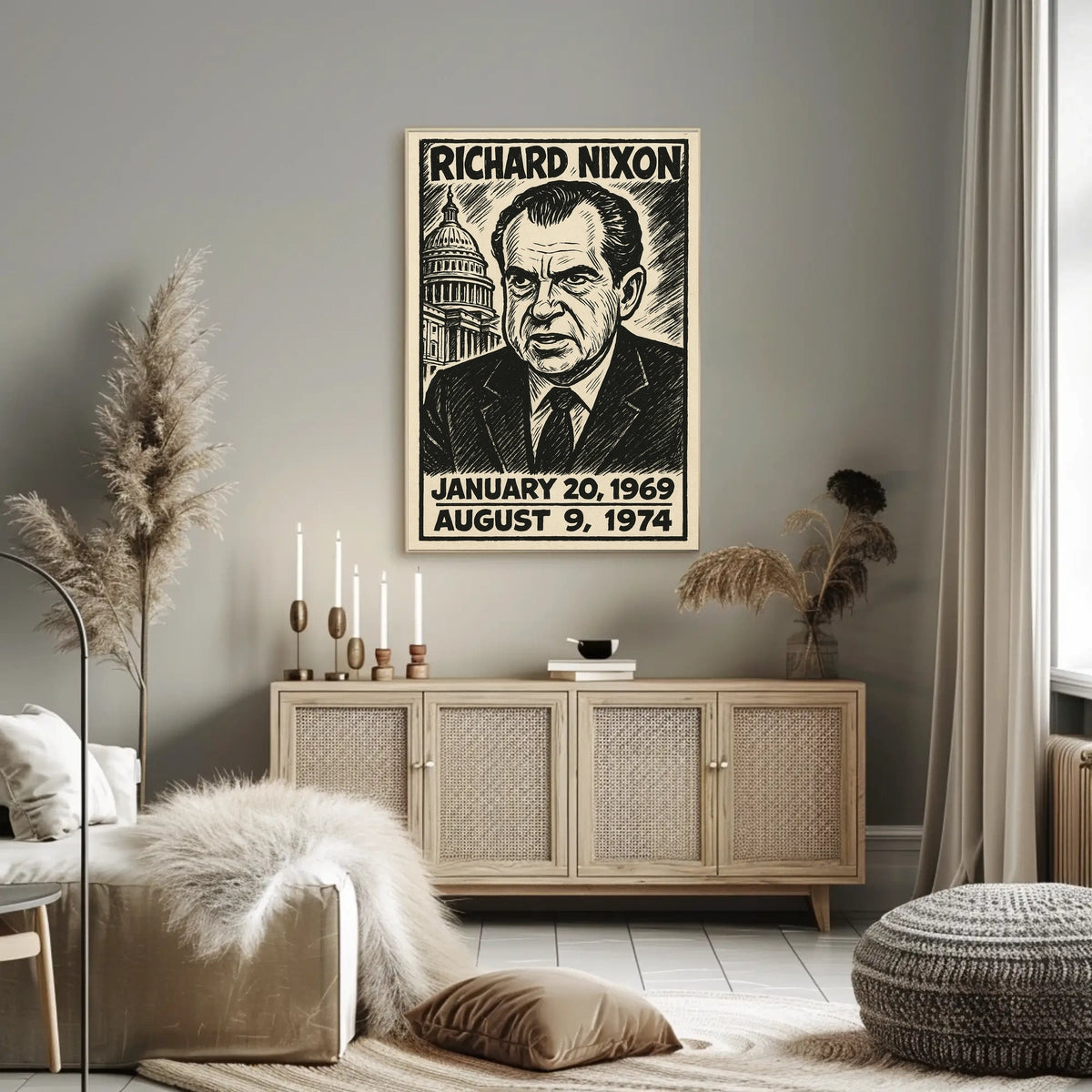 Richard Nixon 37th President of the United States B & W Comic Sketch Poster