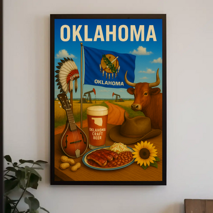 Oklahoma BBQ Cow Mandolin Flag Beer Travel Poster