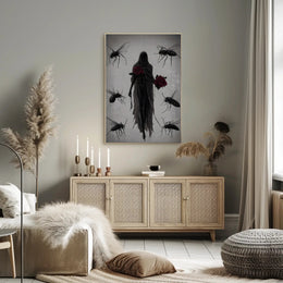 Mysterious Hooded Figure with Red Rose Artistic Poster PosterGoat