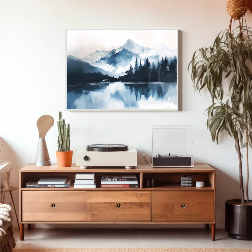 Serene Snowy Mountain Watercolor Landscape Poster