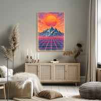 Retro-Futuristic Vaporwave Landscape with Neon Grid - Artistic Poster