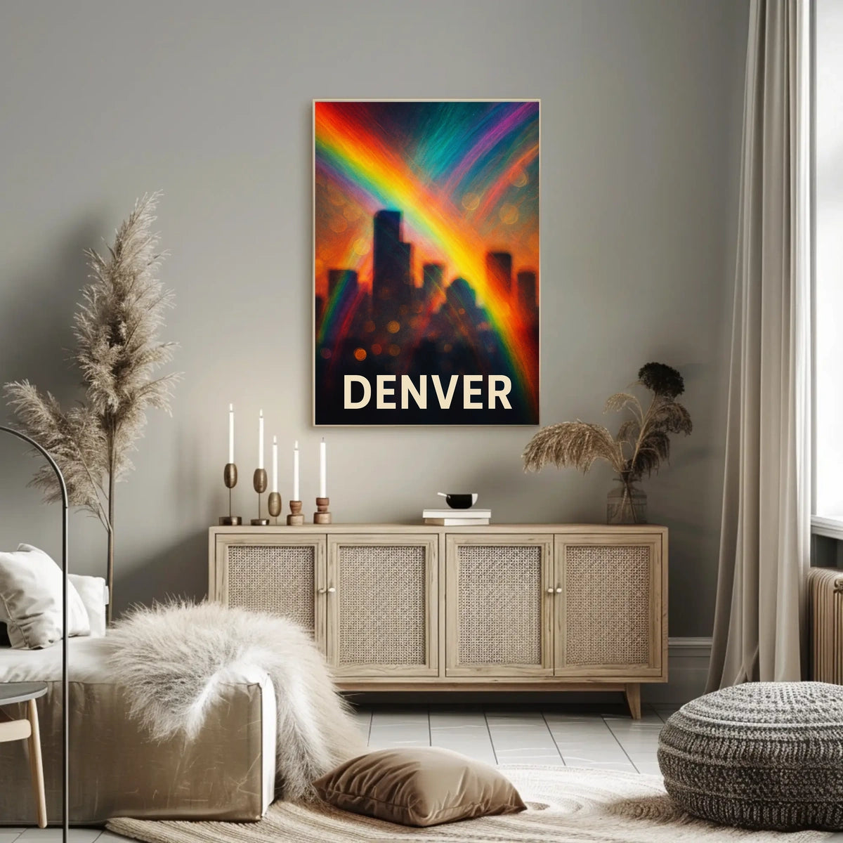 Denver Skyline Rainbow Minimalist Digital Painting Travel Urban Landscape Poster