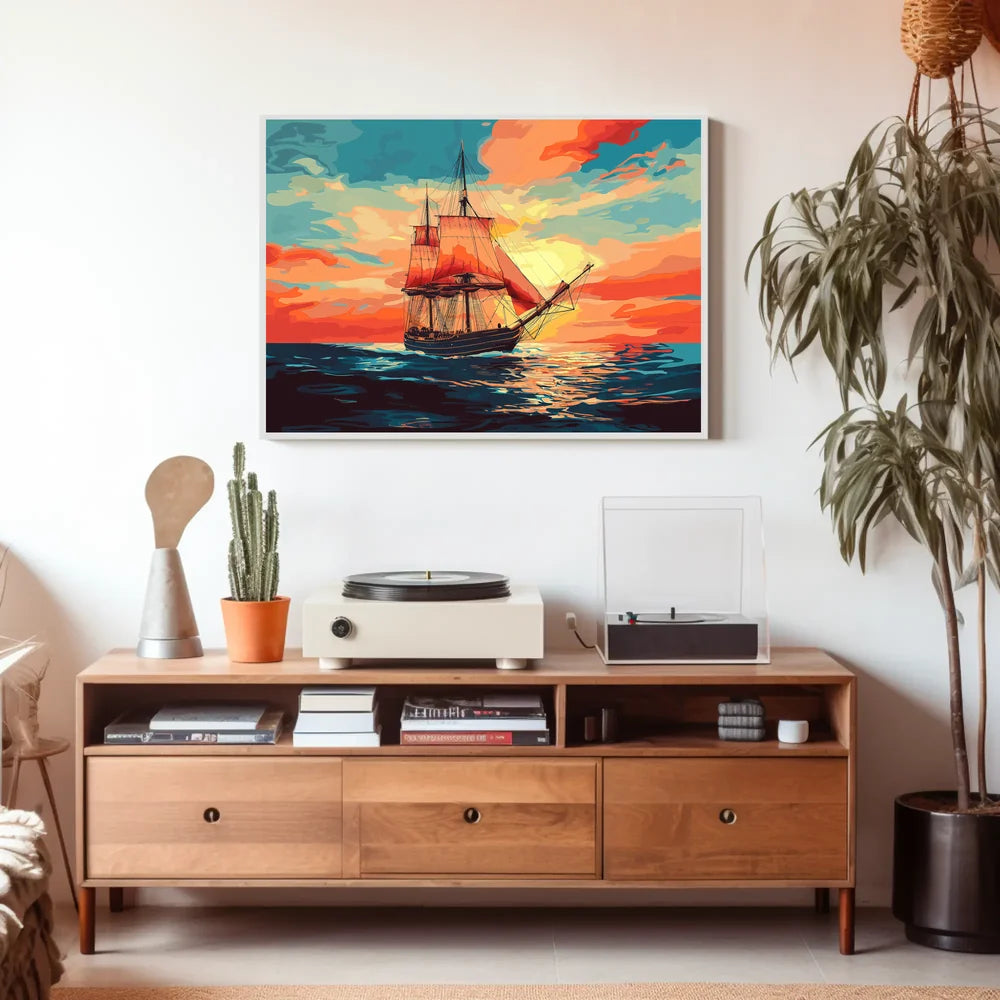 Vintage Sailing Ship at Vibrant Sunset Poster