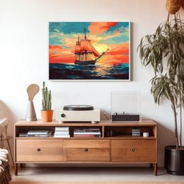 Vintage Sailing Ship at Vibrant Sunset Poster