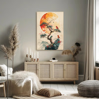 Serene Bonsai Tree with Vibrant Birds Poster PosterGoat