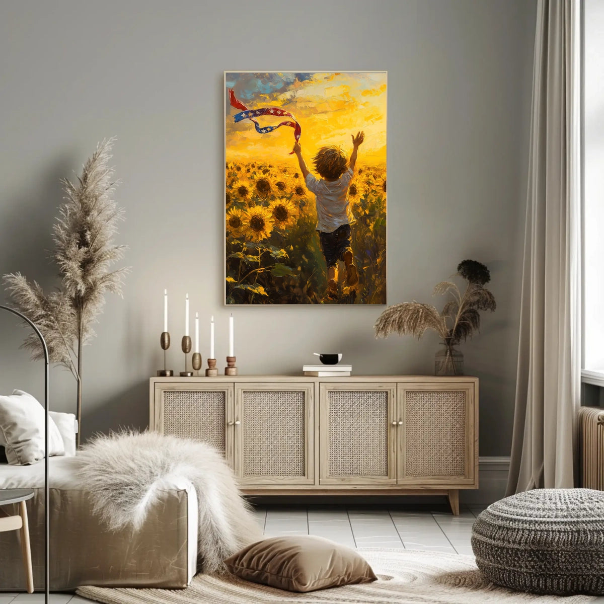 Child Running Through Sunflower Field At Golden Hour Poster