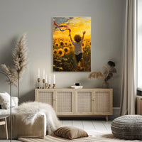 Child Running Through Sunflower Field At Golden Hour Poster