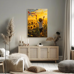 Child Running Through Sunflower Field At Golden Hour Poster
