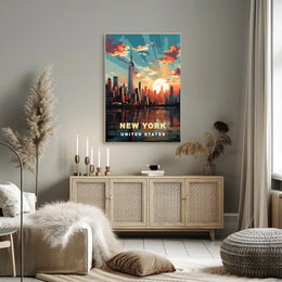 New York Cityscape Sunset View Poster Modern Wall Art