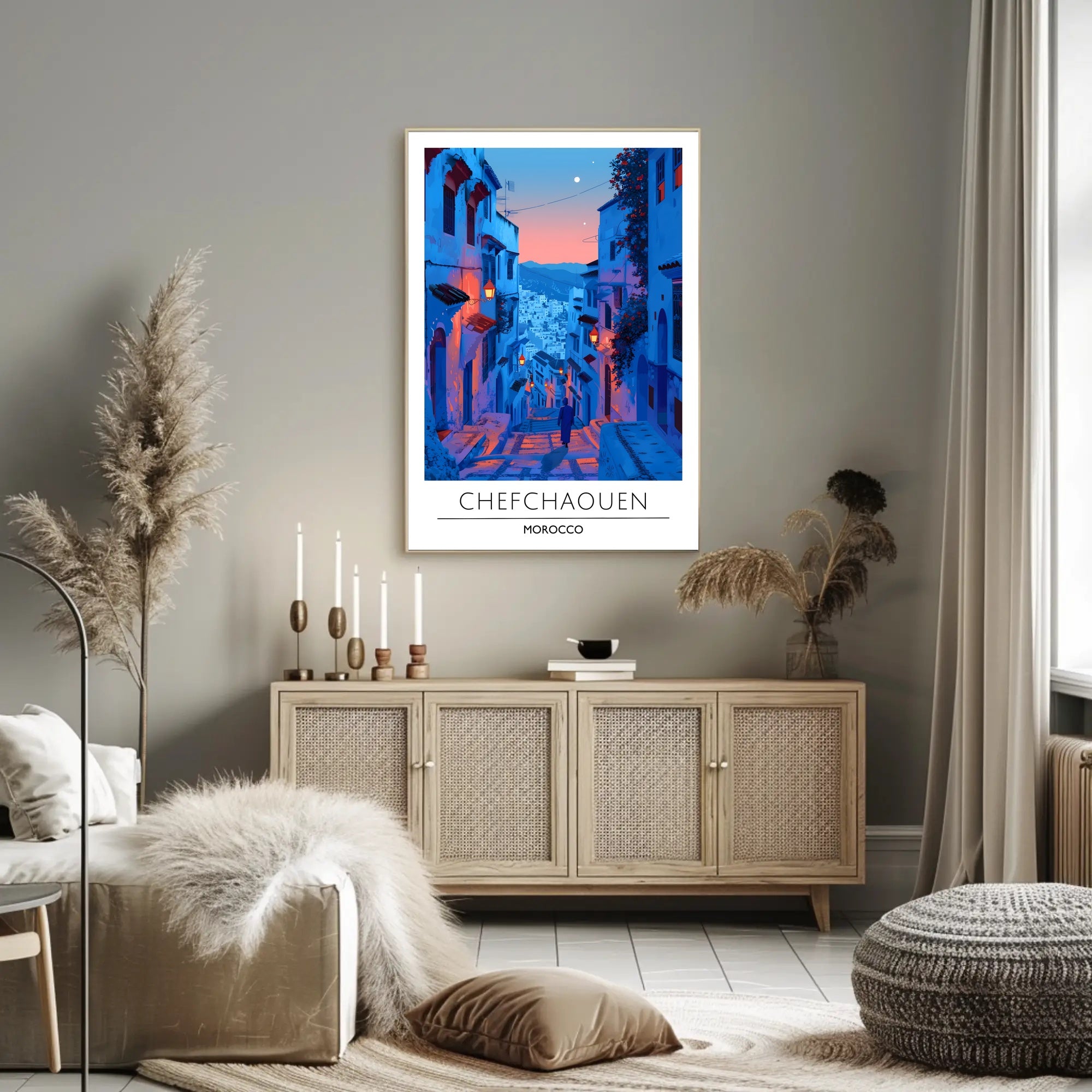 Chefchaouen Twilight: Dreamy Moroccan Urban Cityscape Poster