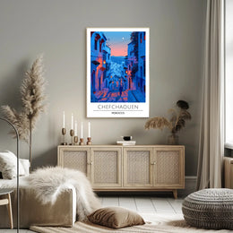 Chefchaouen Twilight: Dreamy Moroccan Urban Cityscape Poster
