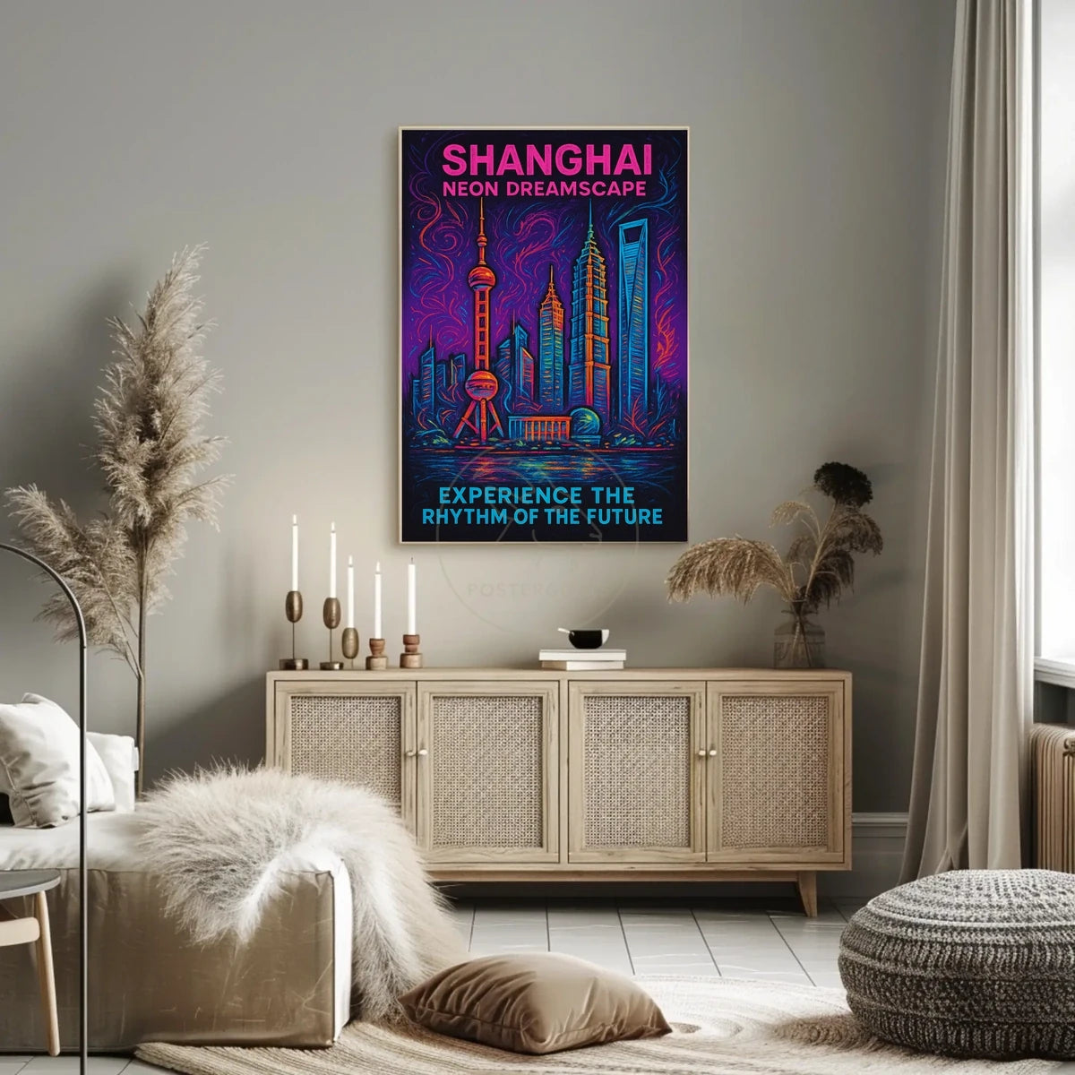 Shanghai Neon Skyline: Captivating Futuristic Sci-Fi Poster