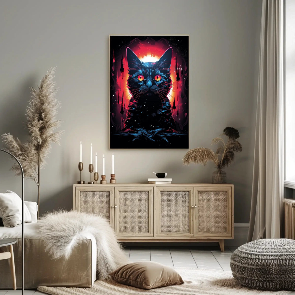 Fiery-Eyed Cosmic Cat Surreal Art Poster