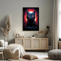 Fiery-Eyed Cosmic Cat Surreal Art Poster