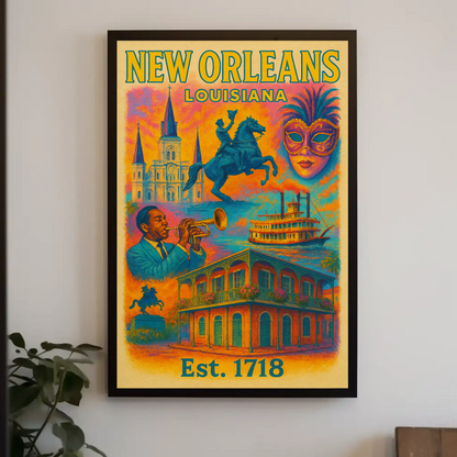 New Orleans Louisiana Jazz Mardi Gras Steamboat Travel Poster