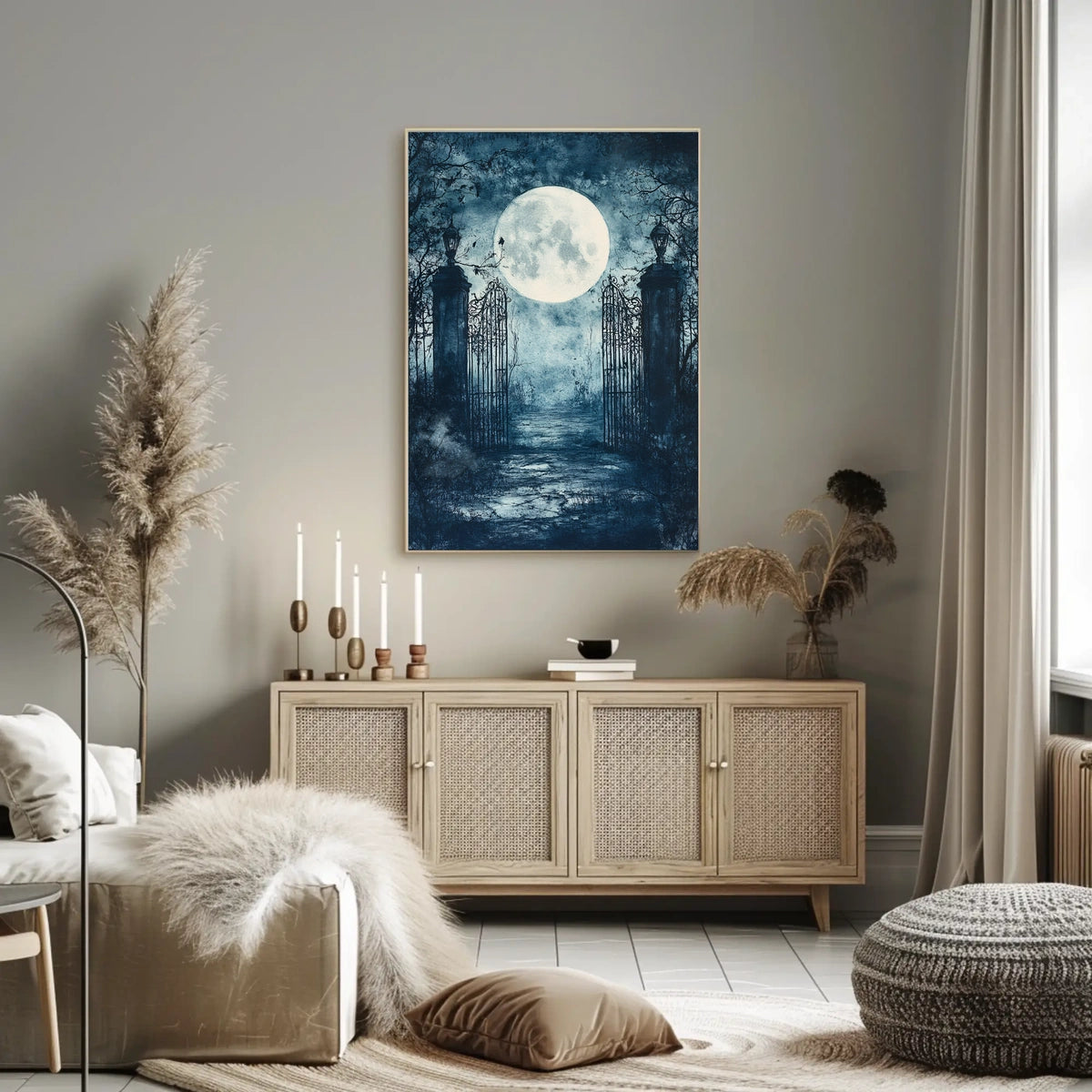 Mysterious Moonlit Gate Scene Artistic Poster