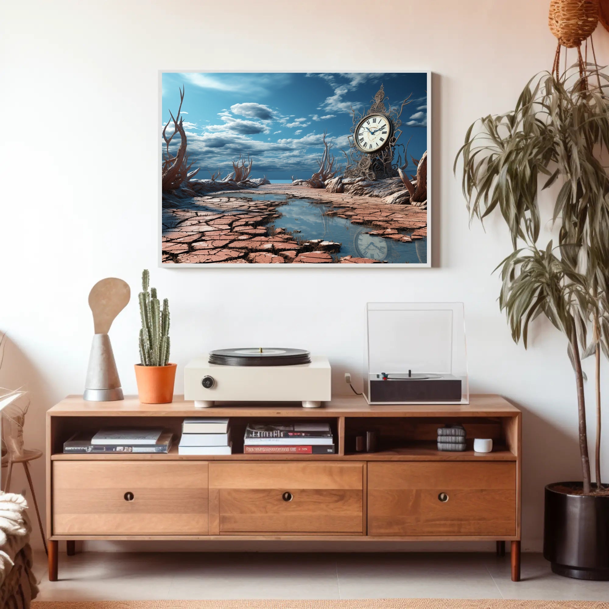 Surrealistic Timepiece in Arid Dreamscape Artistic Poster