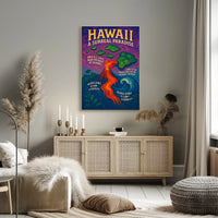 The poster features a vibrant and surreal depiction of Hawaii. The core subject Travel Poster