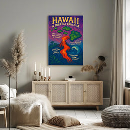 The poster features a vibrant and surreal depiction of Hawaii. The core subject Travel Poster