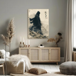 Mystical Hooded Figure in Rugged Landscape Artistic Poster PosterGoat