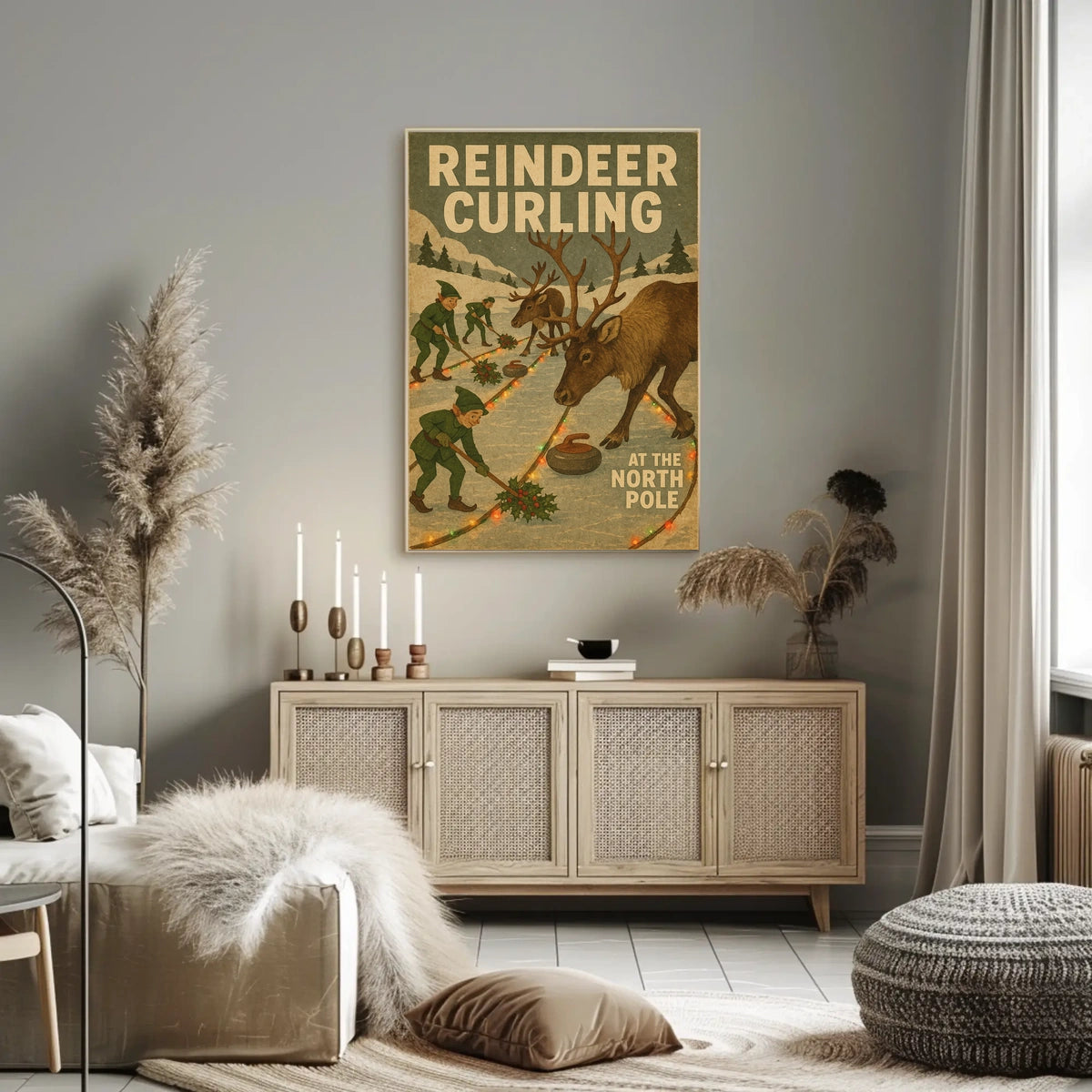 Reindeer Curling at the North Pole Poster
