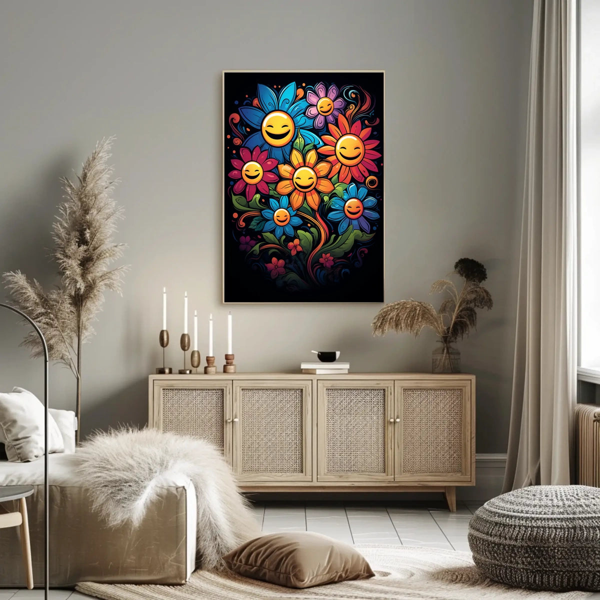 Vibrant Smiley Flowers Pop Art Poster for Joy