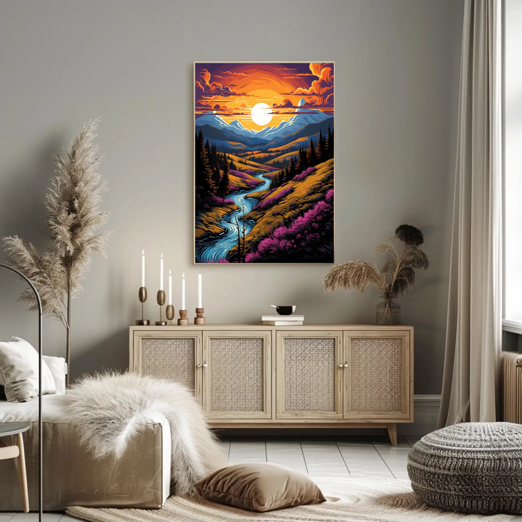 Sunset Over Mountain Stream Poster