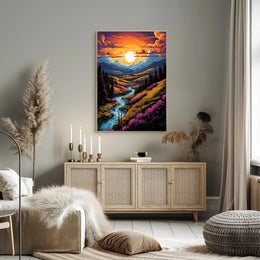 Sunset Over Mountain Stream Poster
