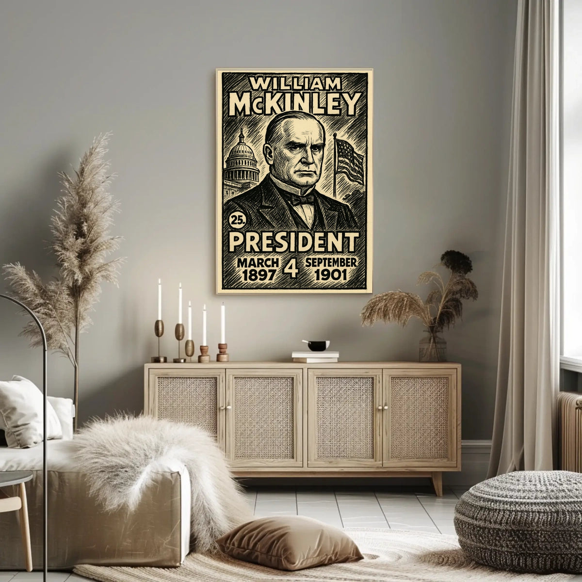 William McKinley 25th President of the United States B & W Comic Sketch Poster