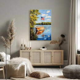 Boat On A Calm Lake With American Flag Scenic Poster