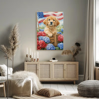 Beautiful Golden Retriever Puppy In A Wooden Wagon Poster