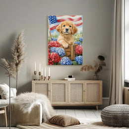 Beautiful Golden Retriever Puppy In A Wooden Wagon Poster