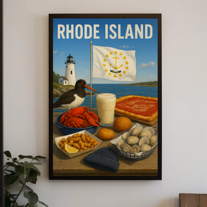Rhode Island Clam Cakes Lighthouse Pizza Travel Poster