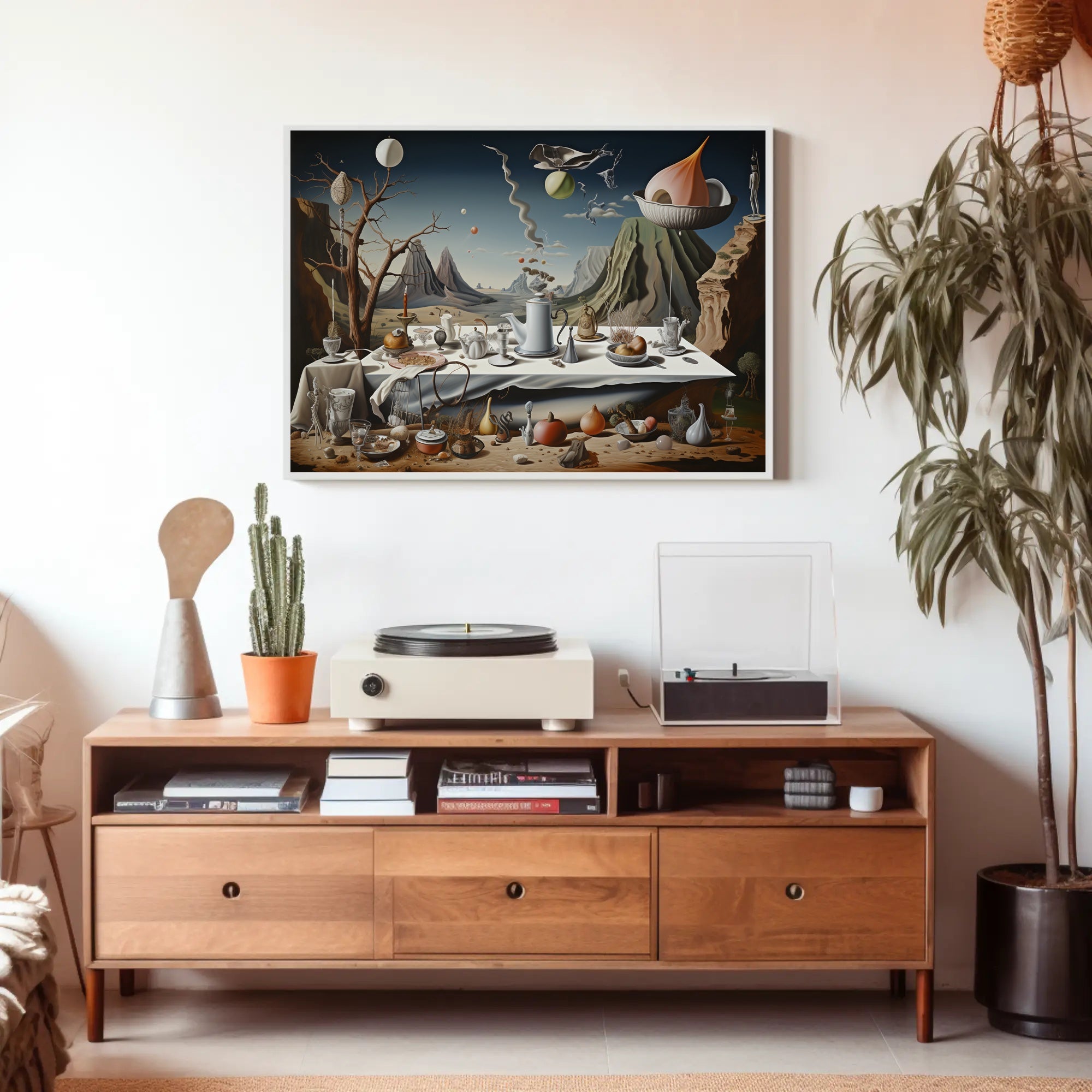 Surreal Dreamscape with Chaotic Still Life Artistic Poster