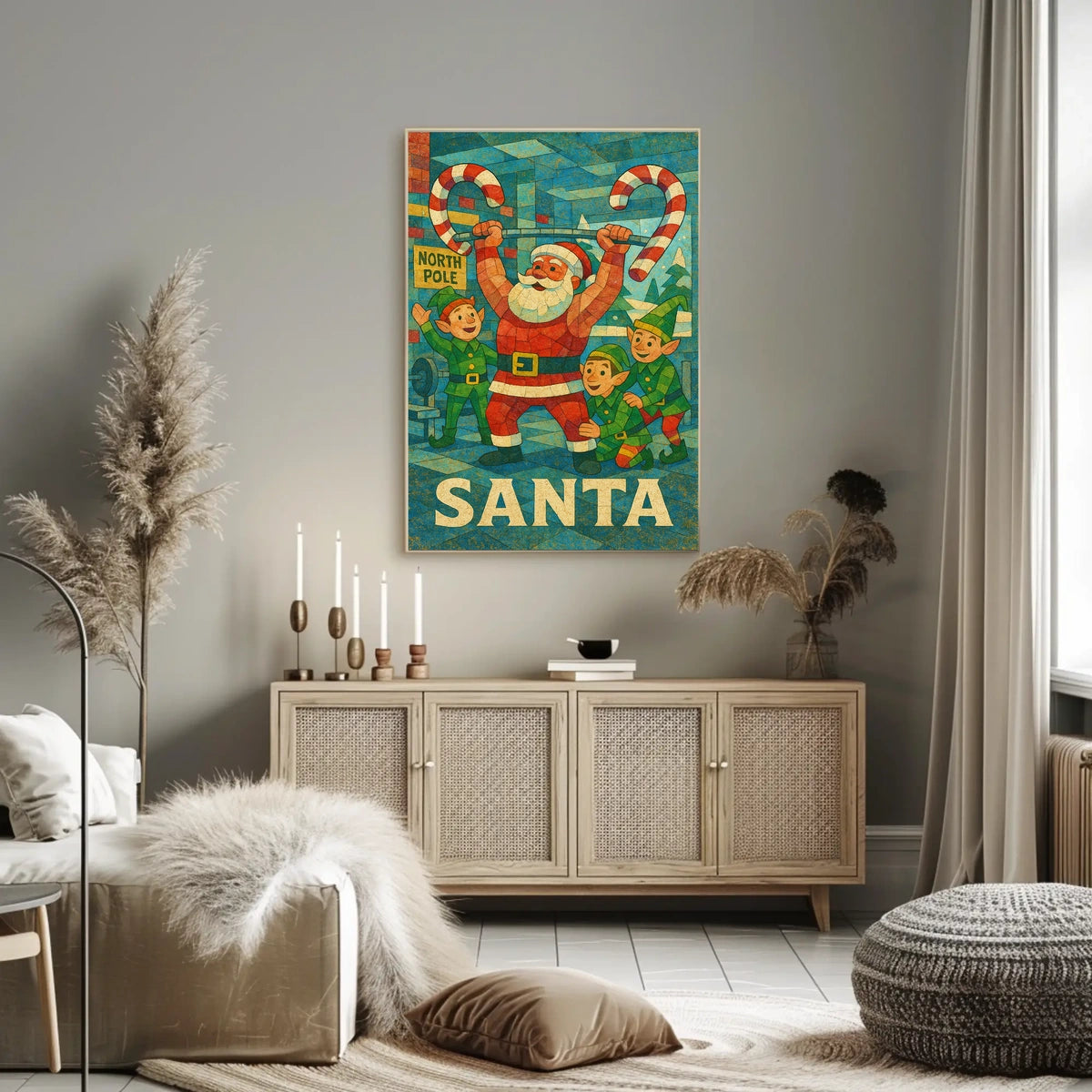 Santa's Festive Workout Vintage Christmas Poster