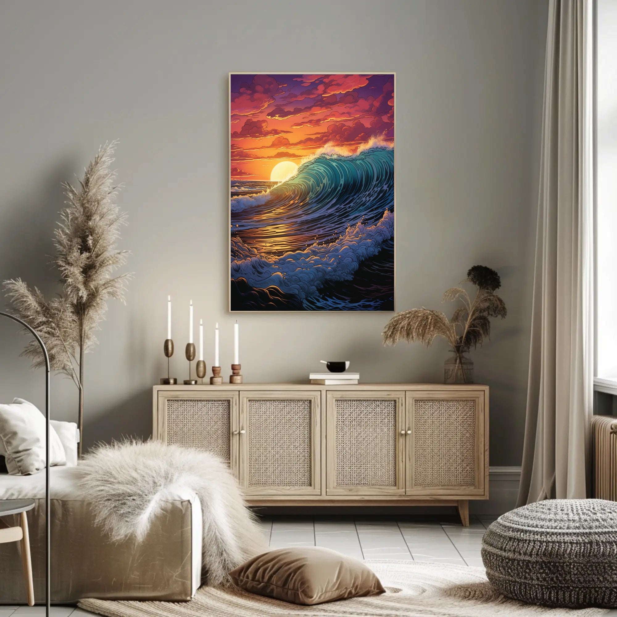 Dramatic Ocean Wave Sunset Scene Artistic Poster