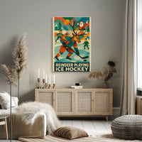 Reindeer Playing Ice Hockey Poster