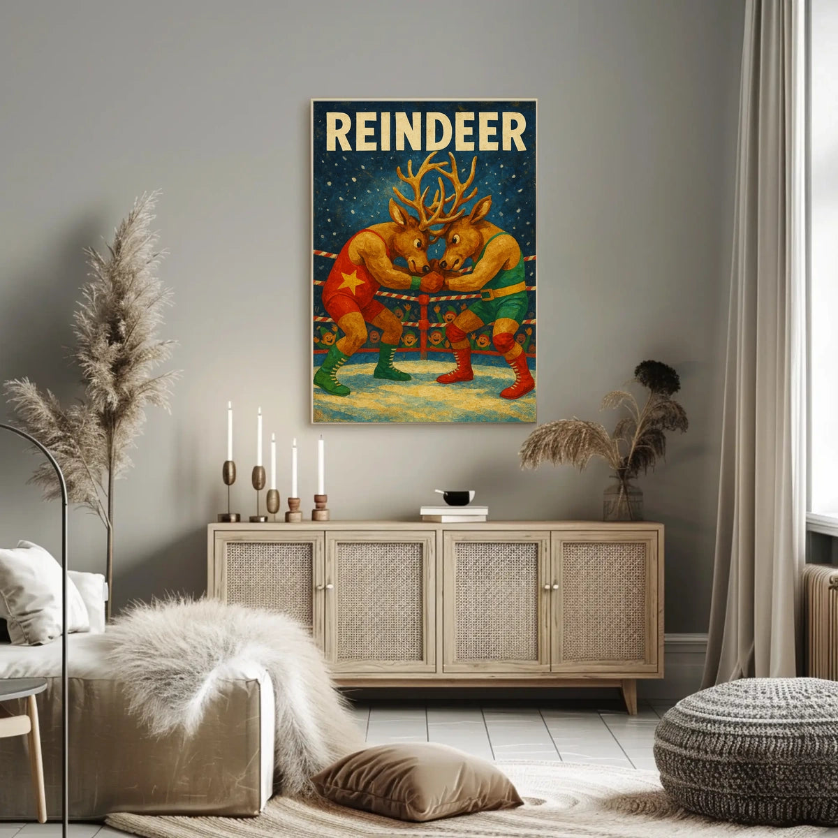 Whimsical Reindeer Wrestling Holiday Poster Art Print