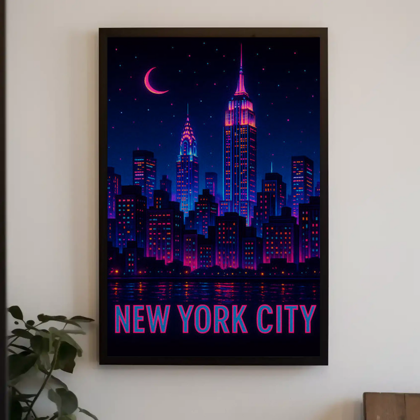 New York Neon Skyline Empire State Night Stars Travel Poster