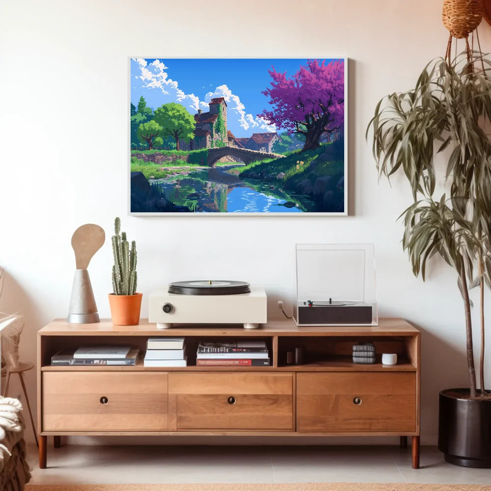 Serene Countryside Bridge and Cottage Art Poster