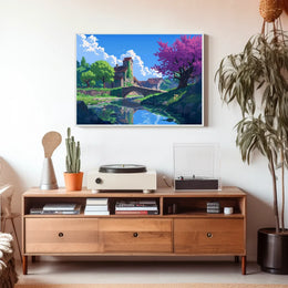 Serene Countryside Bridge and Cottage Art Poster