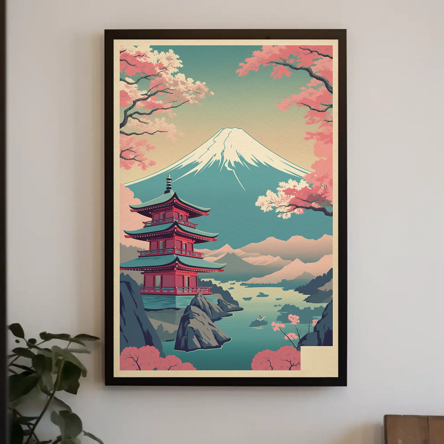 Japan Fuji Lake Pagoda Sakura Canoe Trees Travel Poster