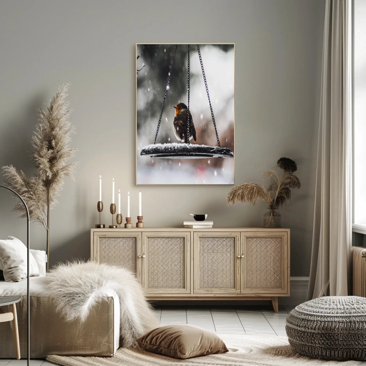 Winter Serenity: Bird on Swing Animal Poster