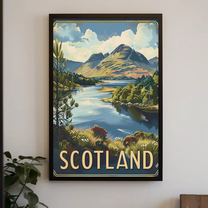 Scotland Highlands Lake and Mountains Travel Poster