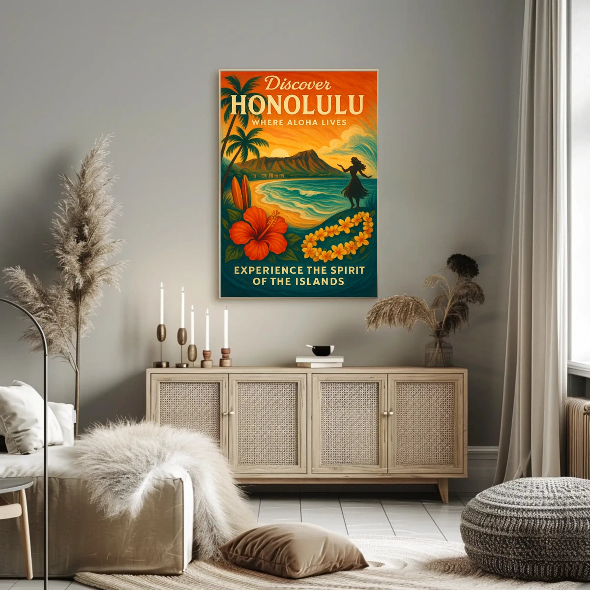 Honolulu Sunset Vintage Travel Poster Art