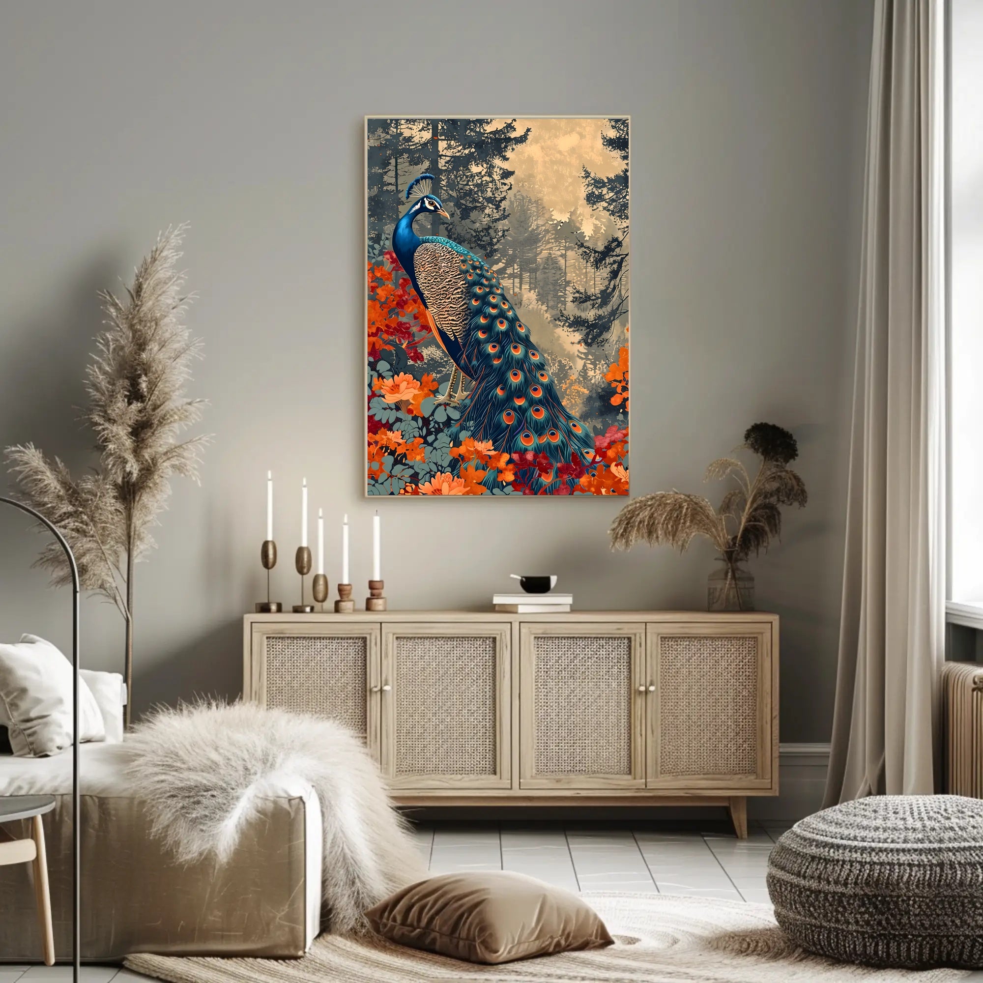 Majestic Peacock In Autumn Forest William Morris Art Poster