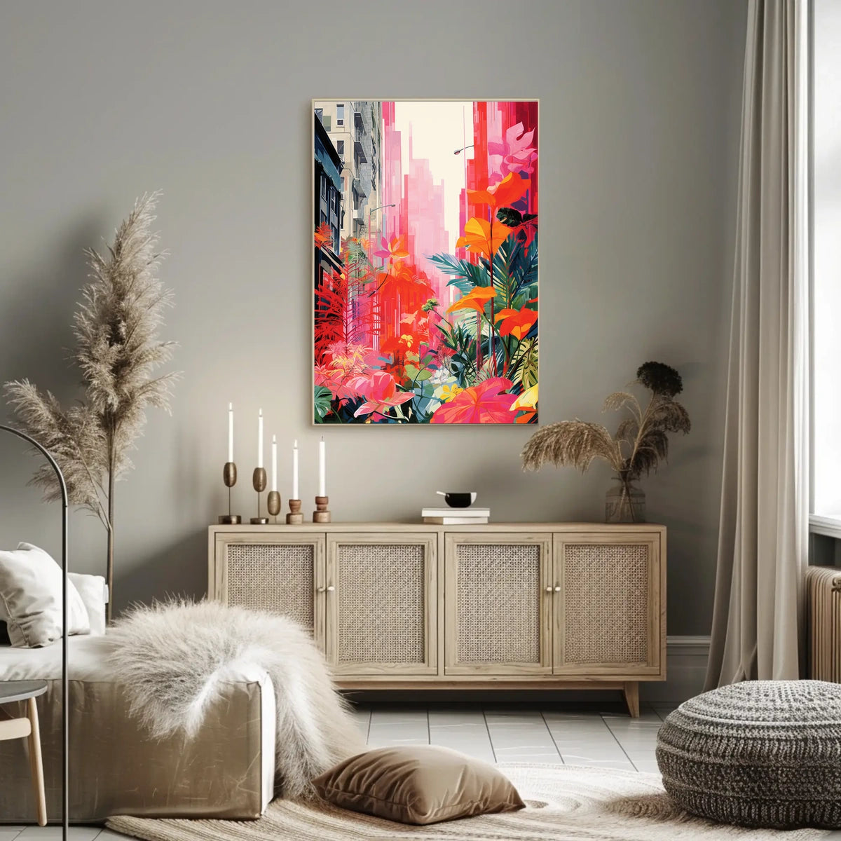 Urban Nature Fusion: Vibrant Cityscape Meets Botanical Wonderland Poster