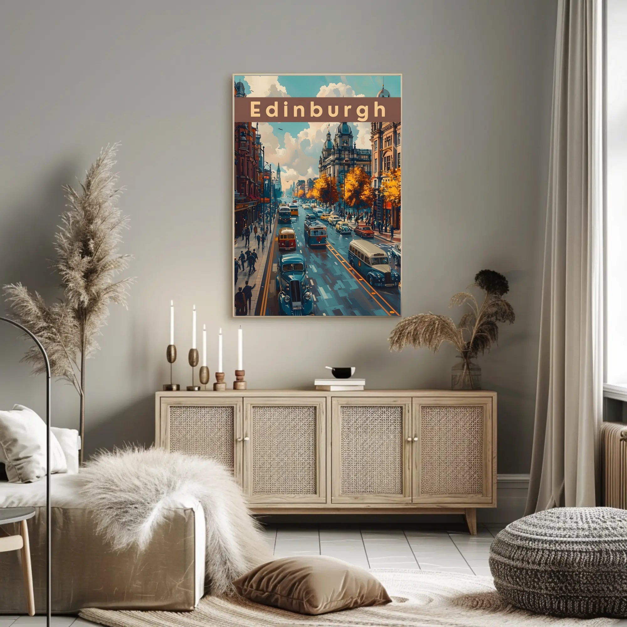 Edinburgh Cityscape: Vintage Vehicles and Autumn Charm Poster